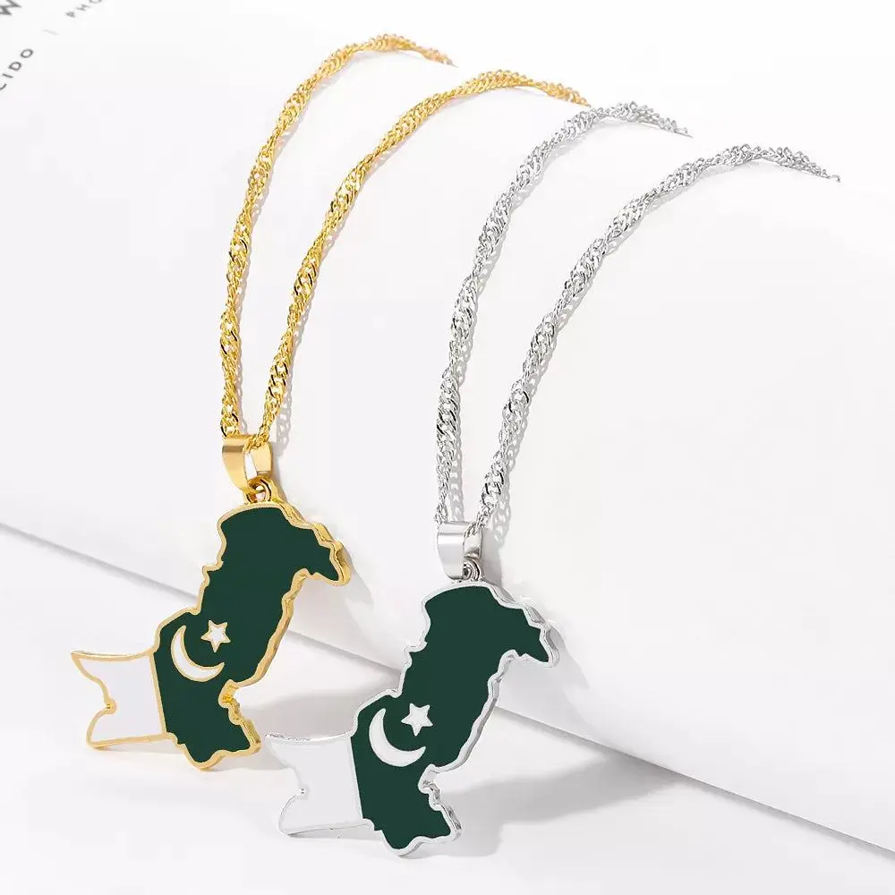 Pakistan Map & Flag Pendant Necklaces Gold Silver Color Pakistani Ethnic Jewelry Accessories Chain Necklace Choker For Women men