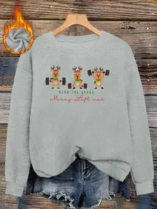 Christmas Fitness Dumbbell Print Faux Sweater, Long Sleeve Round Neck Pullover, Soft Elastic Fabric, Casual Fall & Winter Top for Women