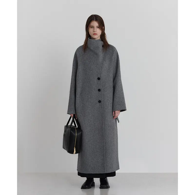 Qianlai 100% Wool Gray High Collar Double-Sided Woolen Long Coat for Women Winter High-End Woolen Overcoat