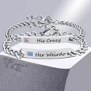 Vnox Free Custom His and Hers Nameplate ID Matching Couple Bracelets for Women Men,Never Fade Love Valentine's Day Gifts