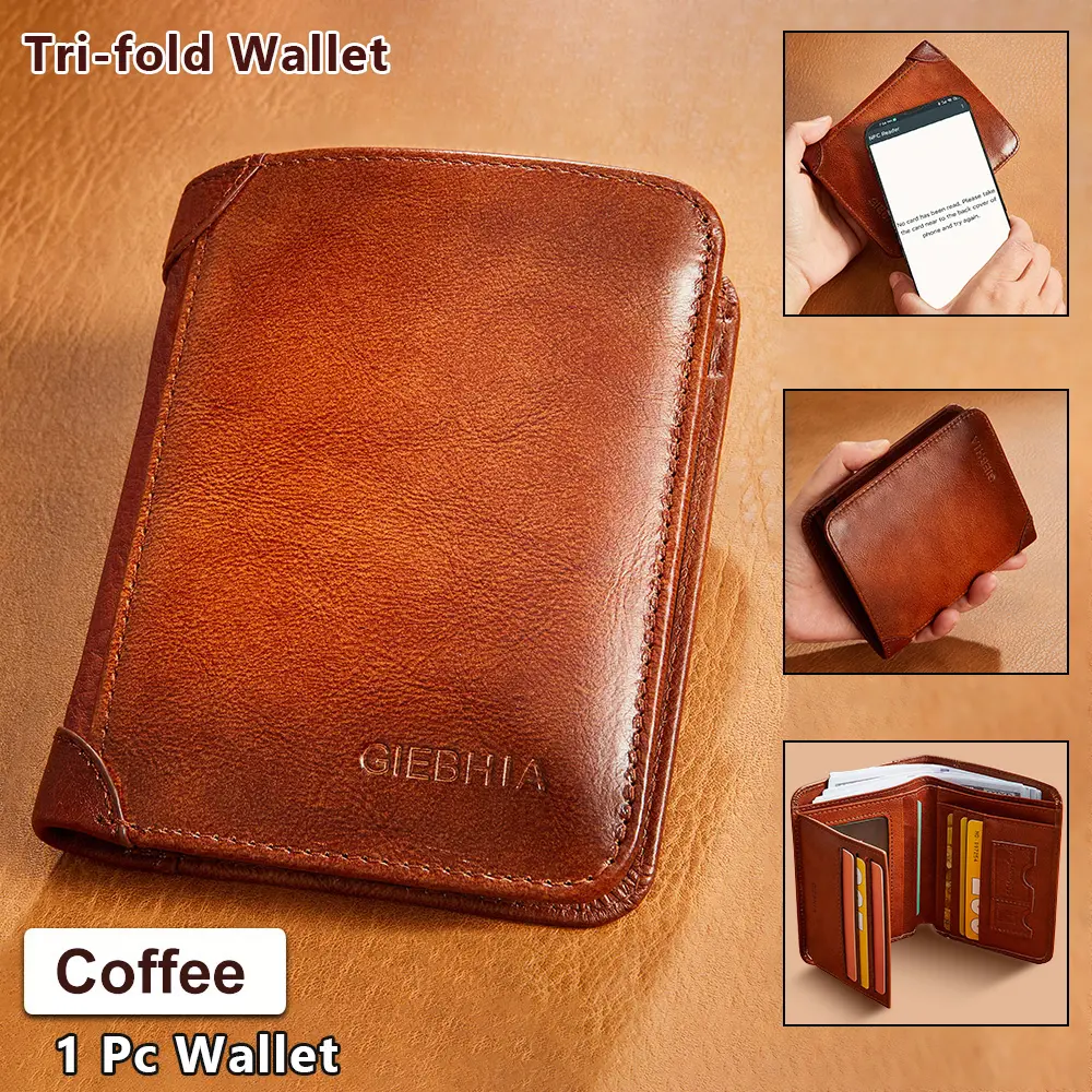GIEBHA RFID Men's Top Cowhide Leather Tri-fold Wallet - Retro Short Multi-function Holder with 2 ID Windows, 11 Credit Card Slots, Durable Dad Gift, Mens Wallet