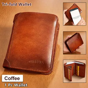 GIEBHA RFID Men's Top Cowhide Leather Wallet Classic Tri-fold Design with 2 ID Windows 11 Credit Card Slots Durable Retro Short Multi-function Credit Card Holder Perfect Gift