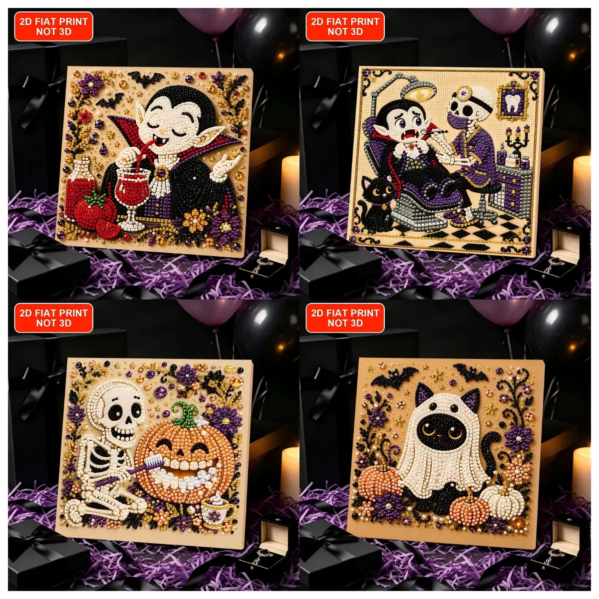 Halloween Pearl Diamond Art with Frame & Gift Box, 7.87x7.87in, Vampire, Dentist Skeleton, Pumpkin, Ghost Cat Design, Pearl Rhinestones, Starter Kit, Wall Hanging Halloween Gift