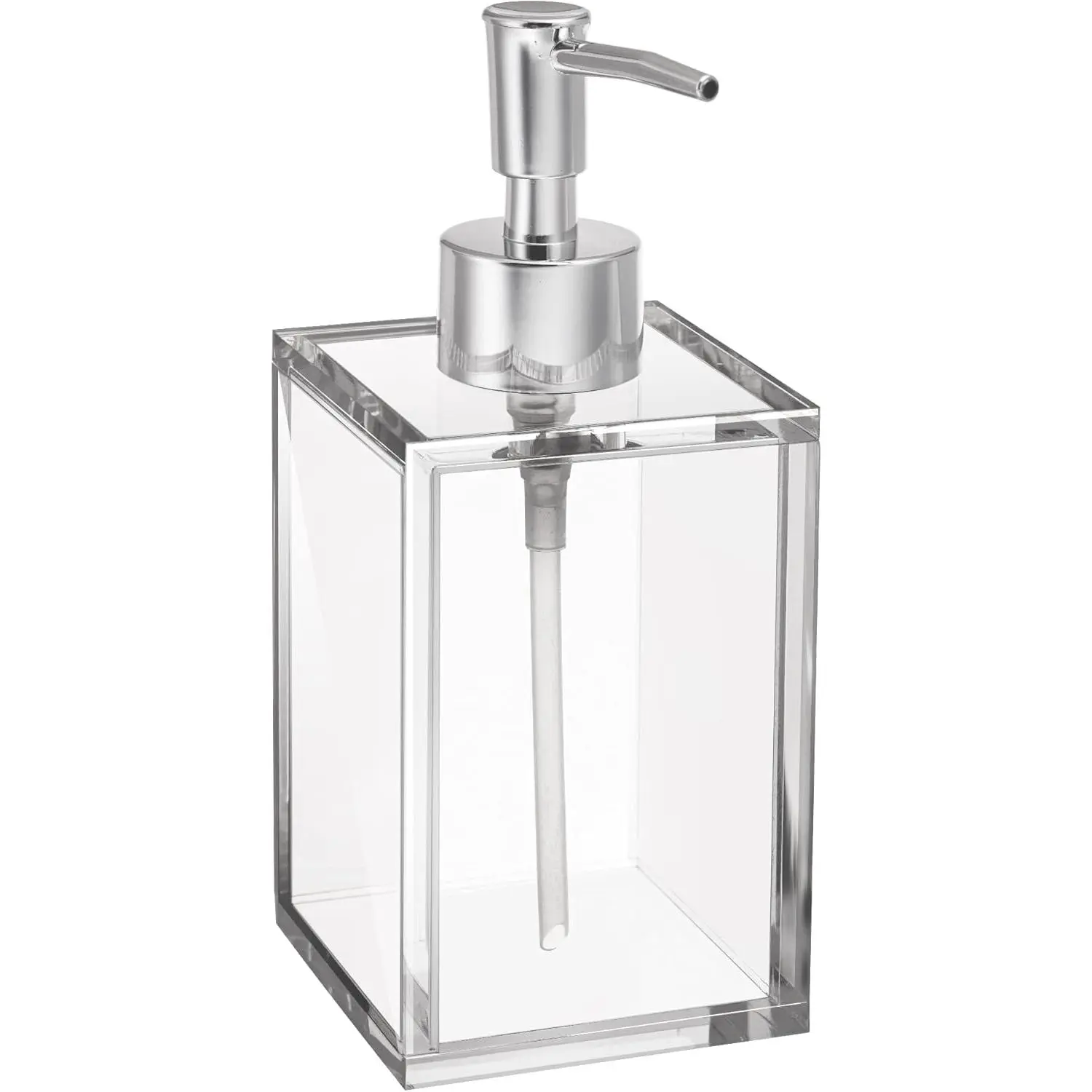 Clear Acrylic Reusable Kitchen & Bathroom Hand Sanitizer Dispenser with Rust Proof Stainless Steel Pump, Square Soap Dispenser Set | 12 oz (1 Pack)