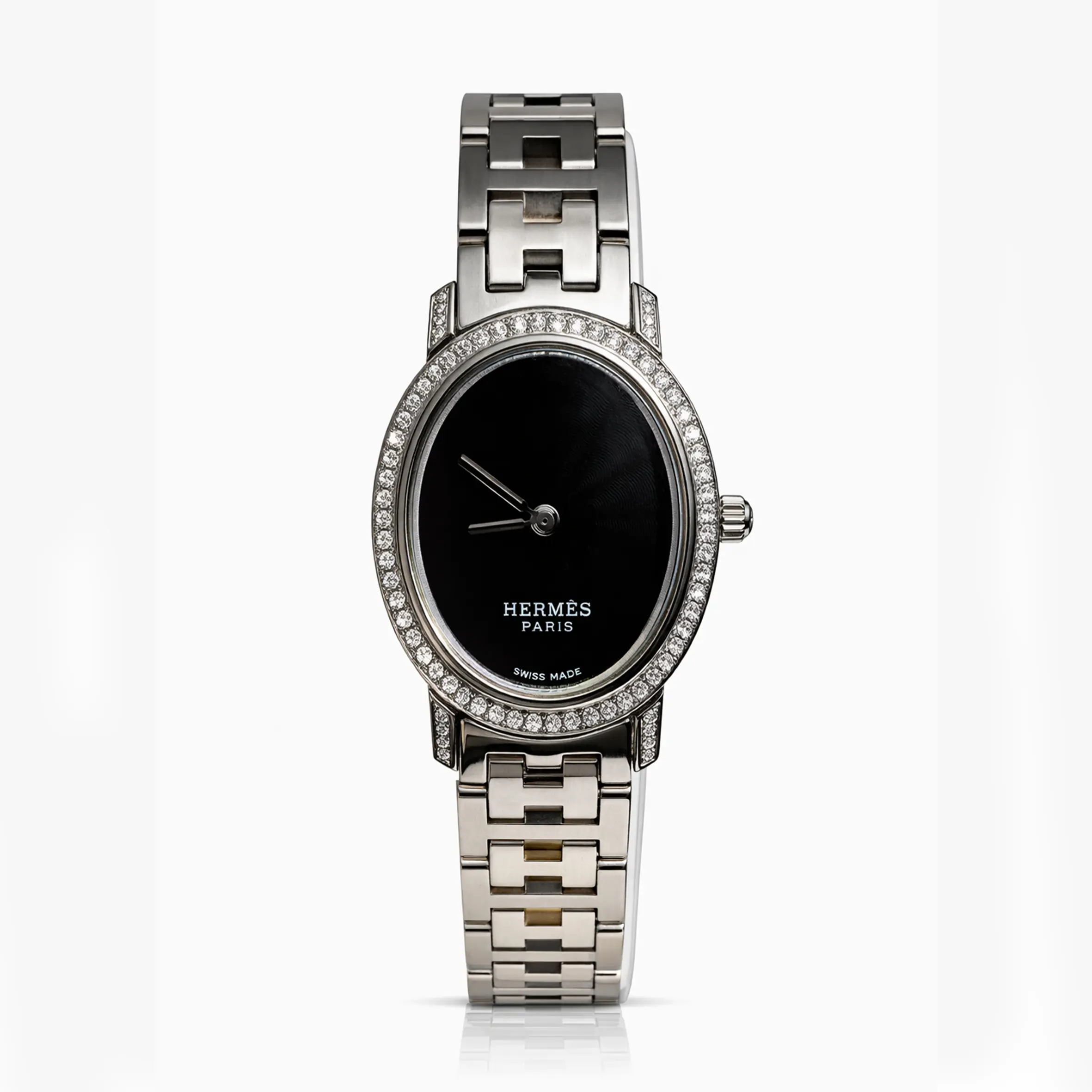 Hermes Stainless Steel Vintage Oval Shape Black Dial Quartz Diamond Ladies Watch 21121943