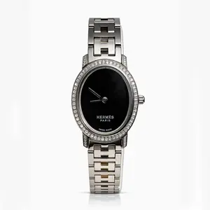 Hermes Stainless Steel Vintage Oval Shape Black Dial Quartz Diamond Ladies Watch 21121943