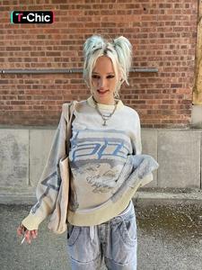 80s fashion women's y2k trendy drop shoulder oversized sweater, fashion casual round neck graphic jumper for daily outdoor wear, women knitwear for fall, 2024 black friday women's fashion