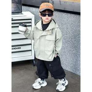 New Spring and Autumn Boys' Clothing, Solid Colour Zip Pocket, Hooded Windbreaker, Casual Outdoor Wear, Choose Size According to Height