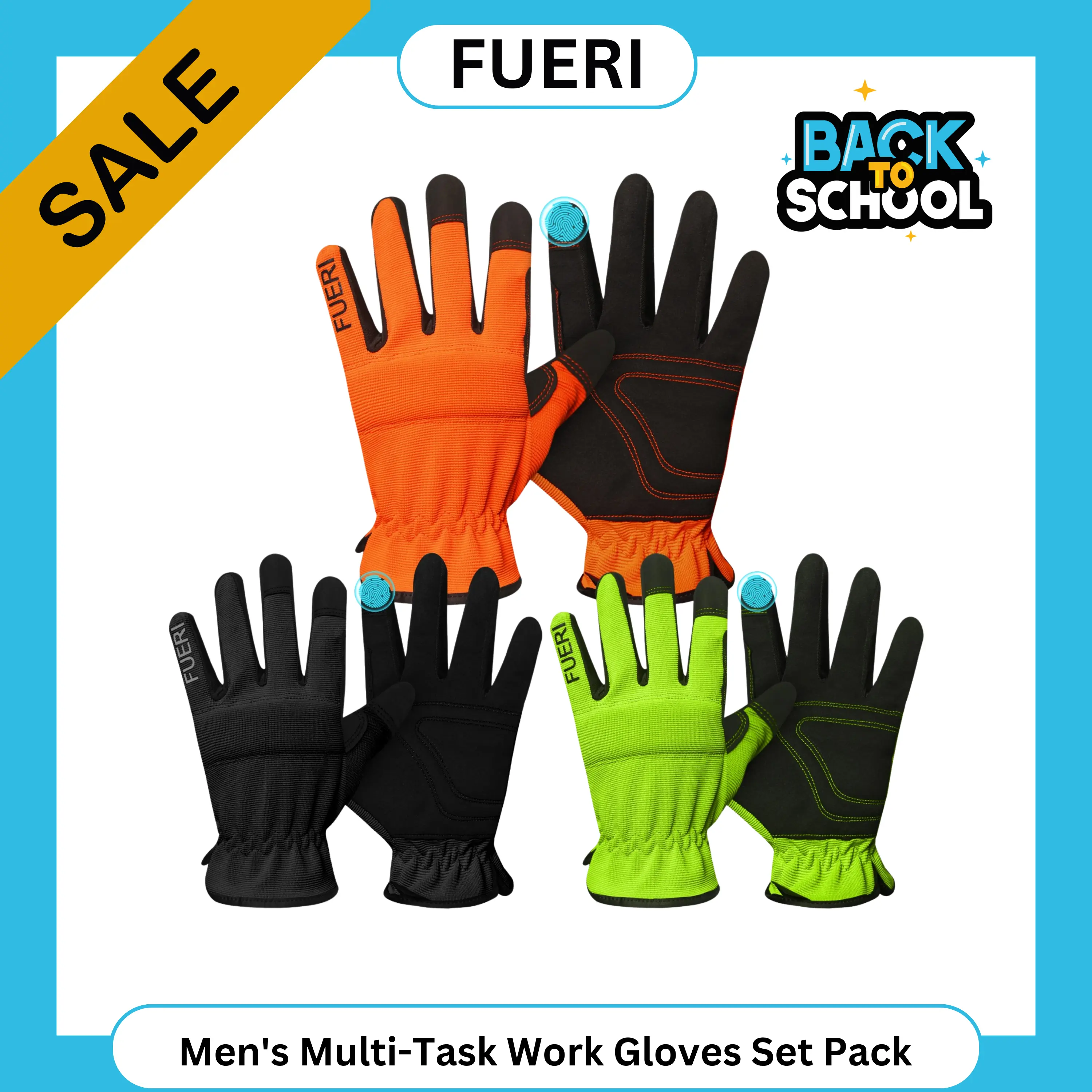FUERI Men's Multi-Task Work Gloves Set Pack (3 Pairs) - Men's Work Accessories with Touchscreen Index Finger, Synthetic Leather Palm, Protection for Warehousing, Construction