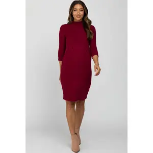 Burgundy Brushed Mock Neck Fitted Maternity Dress
