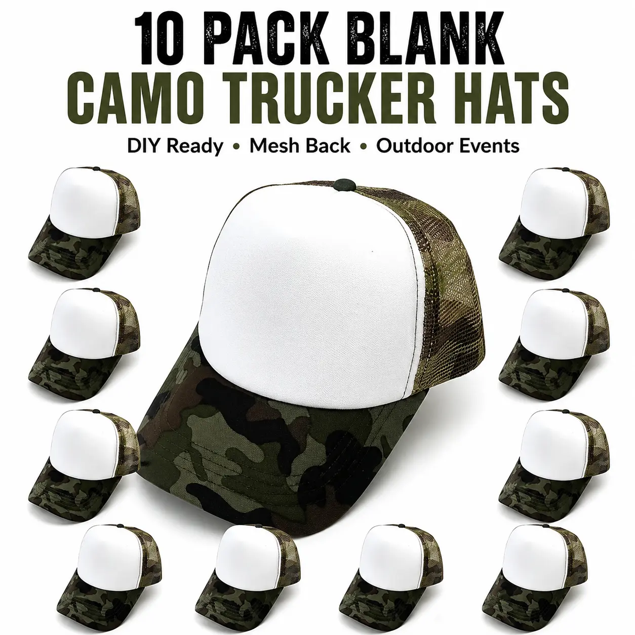 10-Pack Camo Print Trucker Hats - Foam-Front Adjustable Mesh Snapback Baseball Caps, Bulk Blank Camouflage Snapback Hats for Custom DIY, Teams & Outdoor Events