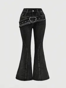 Stylish Plus Size Flare Leg Denim Jeans with Rhinestone Accents & Belt Detail in Medium Stretch Fabric for Women