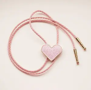 Glitter Heart Bolo Tie - Eye-Catching Valentine's Day Statement Piece with 1.5" Gold Plated Tips & 32" Vegan Leather Cord