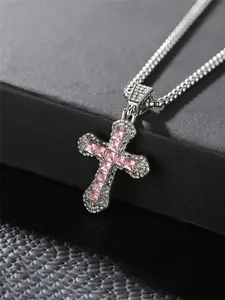 Rhinestone Decorated Cross Pendant Necklace, Cuban Link Design Chain Necklace, Fashion Jewelry for Party, High End Necklace, Daily Clothing Decor, Trendy All-match & Exquisite Jewelry for Birthday Gift, Modern Versatile Accessories