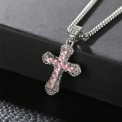 Rhinestone Decorated Cross Pendant Necklace, Cuban Link Design Chain Necklace, Fashion Jewelry for Party, High End Alloy Necklace, Daily Clothing Decor, Trendy All-match & Exquisite Jewelry for Birthday Gift, Modern Versatile Accessories