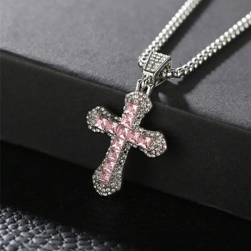 Rhinestone Decorated Cross Pendant Necklace, Cuban Link Design Chain Necklace, Fashion Jewelry for Party, High End Alloy Necklace, Daily Clothing Decor, Trendy All-match & Exquisite Jewelry for Birthday Gift, Modern Versatile Accessories