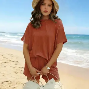 Summer Women's Ribbed Knit Lounge Set - Short Sleeve Crew Neck Top & High Waisted Shorts with Pockets, Soft Pajamas Loungewear Mother's Day Gift