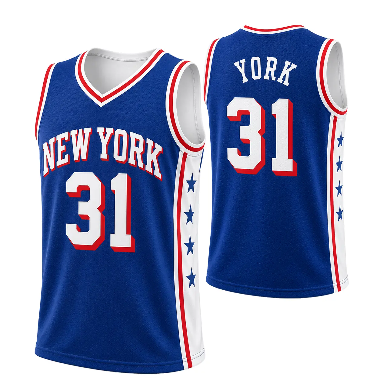 Unisex Retro City Number 31 Sleeveless Basketball Jersey - Lightweight Royal Blue/Red/White V-Neck Athletic Tank Top with Star Side Panels, Game Day Outfits, Athletic Outfits, Sporty Chic Casual Sportswear, Sizes XS-5XL