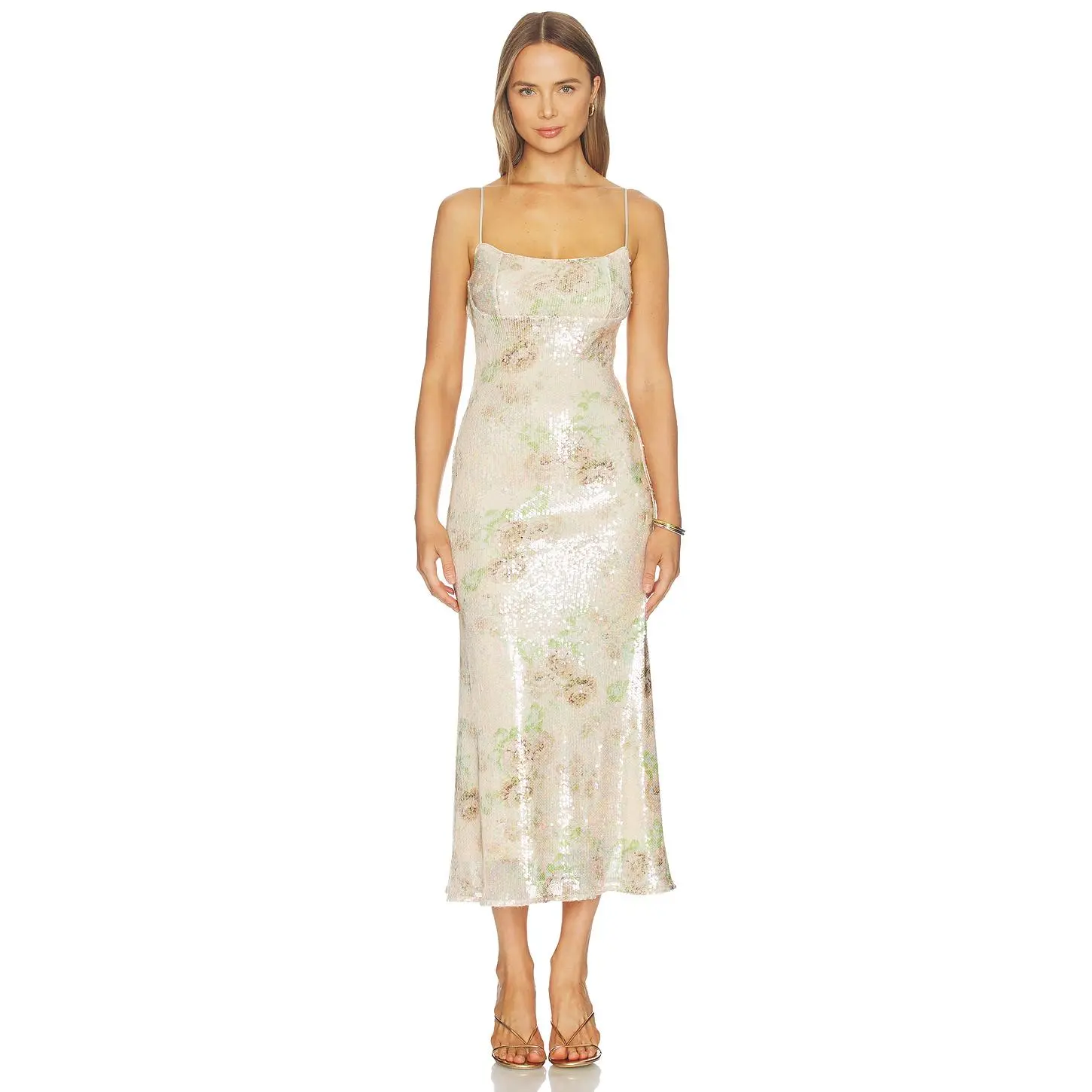 Bardot Adoni Sequin Mesh Midi Dress in Biege