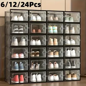 6/12/24-piece large-capacity shoe cabinet storage box, modular space-saving transparent plastic stacked shoe box with lid display box, sports shoe storage shoe rack, white and black optional