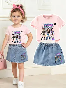 Girls' Trendy Girl Group Set (2 Pieces): Soft Round Neck T-Shirt + Light Blue Jeans Skirt, Fashionable Outdoor Wear, Casual Outfit Set, Fashion Style Sets