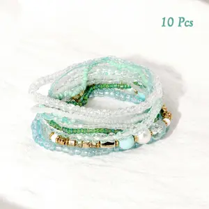 Multicolor Bohemian Crystal Beaded Stackable Bracelets for Women, Summer Multilayered Stretchy Pearl Bracelets Set, Summer Boho Jewelry, 10 Pack