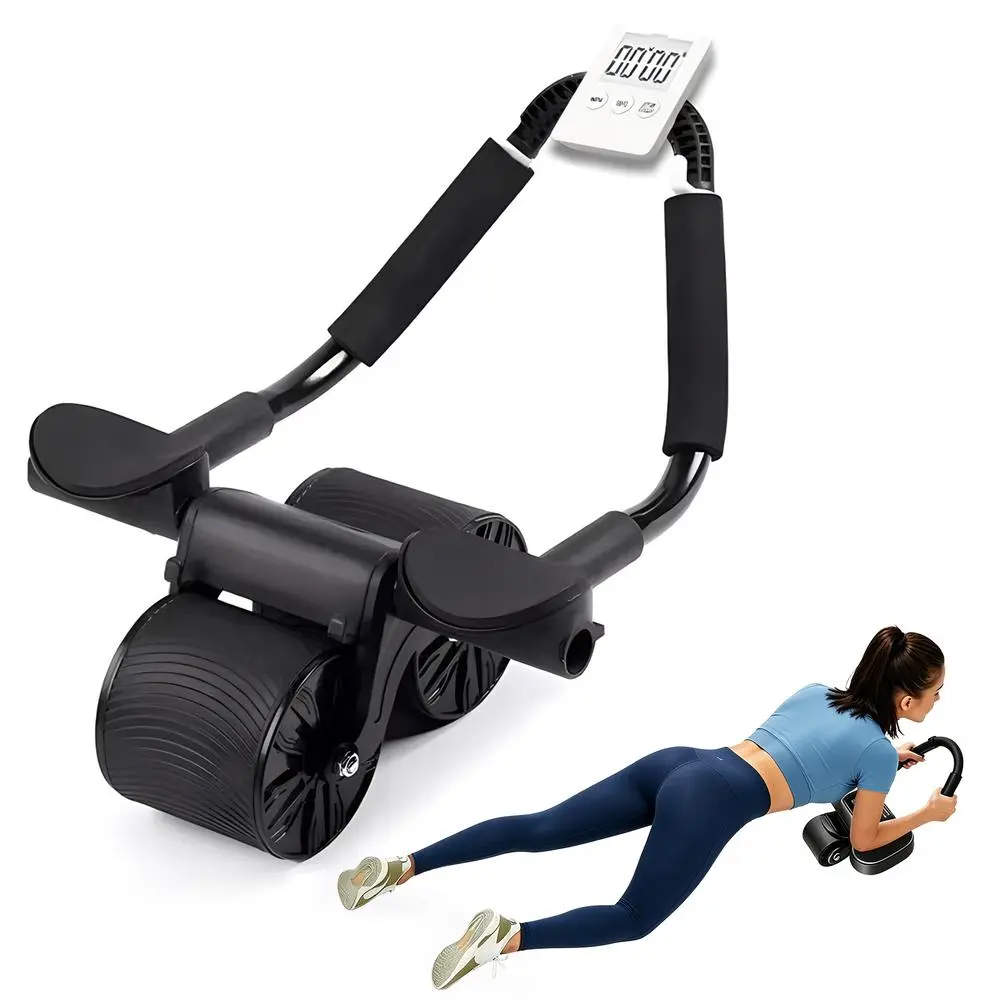 Dual four-wheel core workout roller with elbow pad and digital display; foldable, low-noise abdominal trainer; compact, portable home fitness gear for beginner fitness enthusiasts; tiny core training tool.