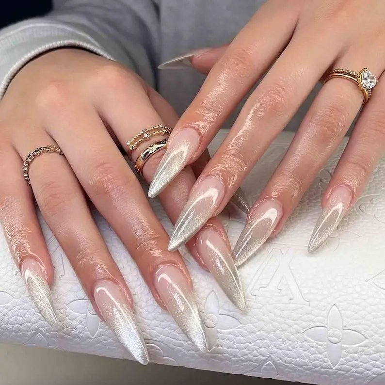 Luxury Pearl Chrome Press On Nails Stiletto Shape  Handmade Milky White Ombre Glazed Donut Nails  Reusable Glossy Acrylic False Nails for Wedding, Bridal & Everyday Glam