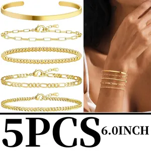 5pcs Women's 14K Golden Plated Stainless Steel Bracelet Set, Includes Cuban Chain, Bow Tie Chain, and Minimalist Bracelet, Casual Attire and Gift, Punk Style Jewelry Collection
