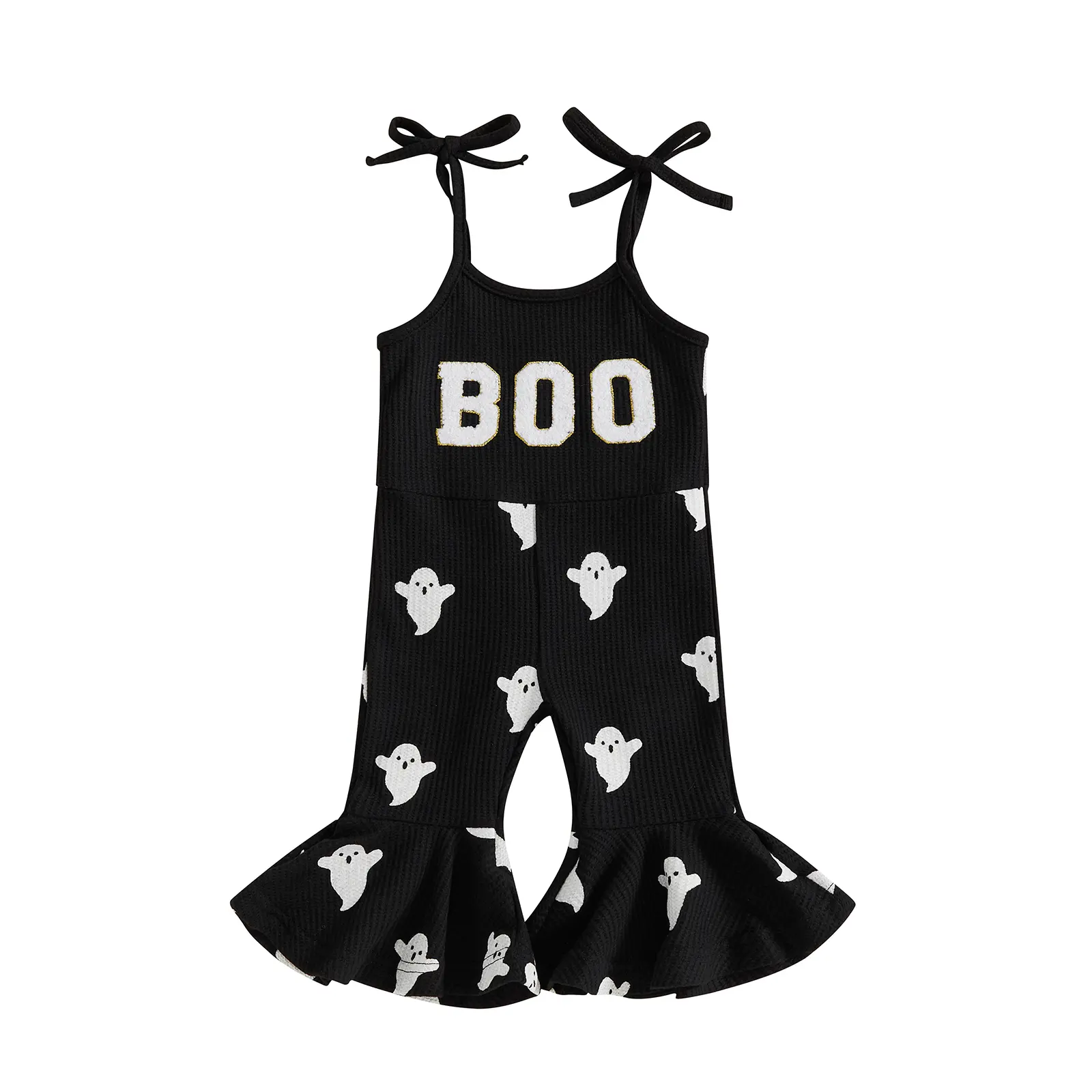 REDWOON Halloween Toddler Girl Bell Bottom Jumpsuit Boo Embroidery Ghost Print Romper Baby Spaghetti Straps Overalls Flare Pant Kid Playsuit