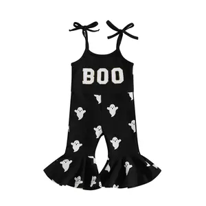 REDWOON Halloween Toddler Girl Bell Bottom Jumpsuit Boo Embroidery Ghost Print Romper Baby Spaghetti Straps Overalls Flare Pant Kid Playsuit