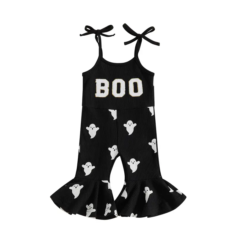 REDWOON Halloween Toddler Girl Bell Bottom Jumpsuit Boo Embroidery Ghost Print Romper Baby Spaghetti Straps Overalls Flare Pant Kid Playsuit