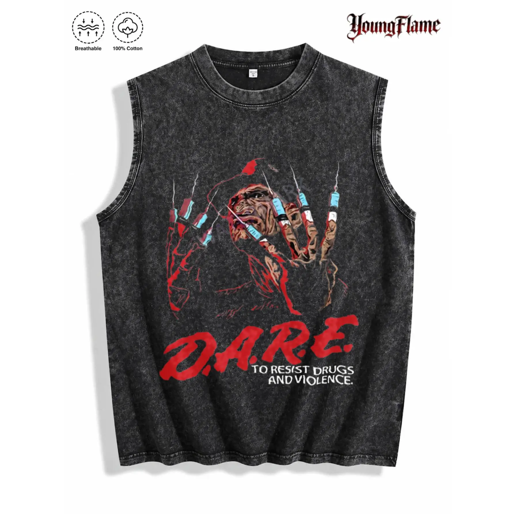 Men's Sleeveless Retro Horrorcore Graphic Tank Top - 100% Cotton Vintage Acid Wash Grunge Menswear, Casual Streetwear Clothing Outfits
