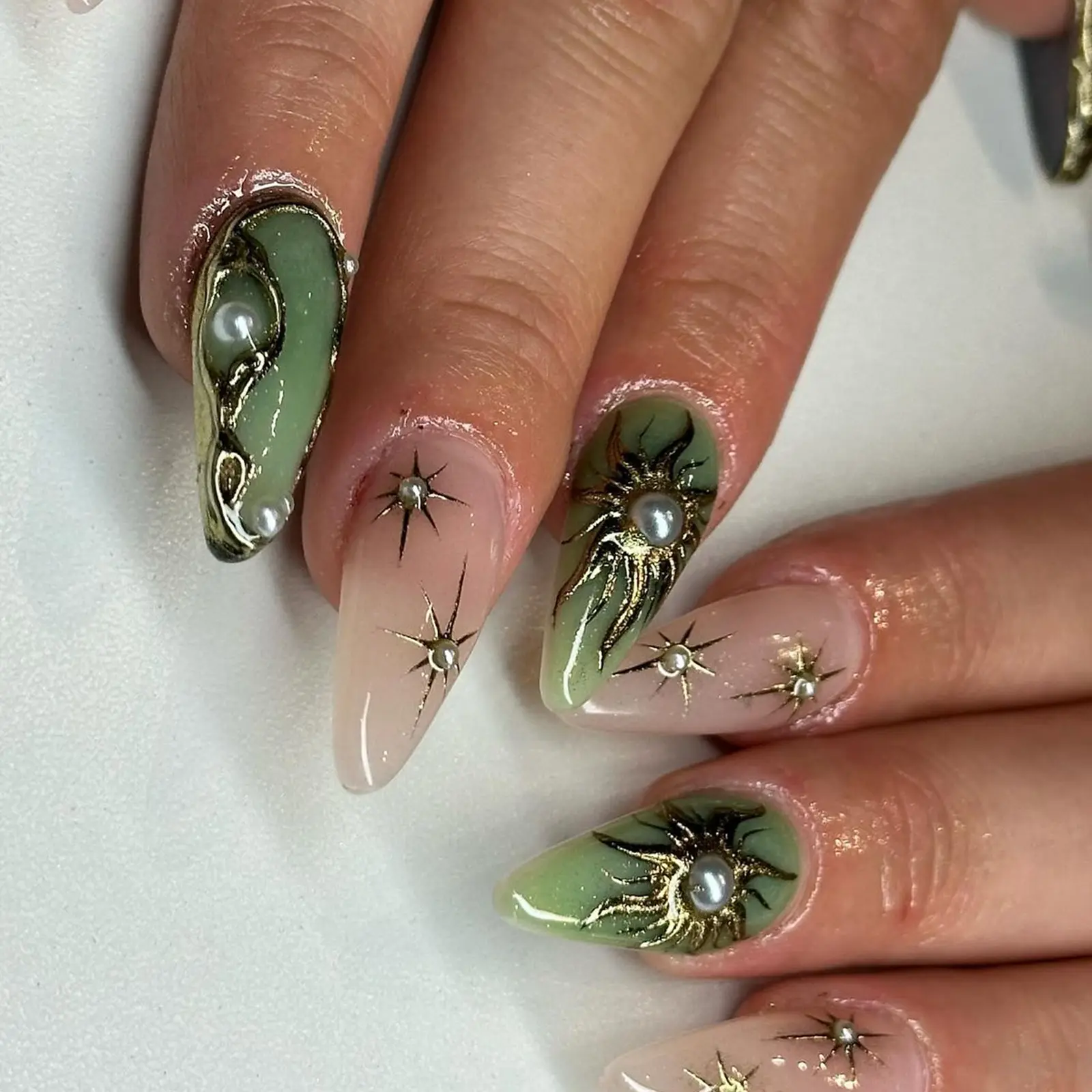 24pcs Medium Waterdrop Press-On Nails, Fake Nails, Decorative Nails, Pearl Colorblock Cool Girl Style Spring Summer Nails, Includes Jelly Glue & File, Reusable for Women Party Daily Wear, Glossy False Nails