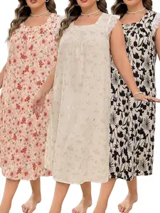 Women's Summer Sleepwear Set, Lace Trim Bubble Cotton Nightgown, Princess Style Plus Size Home Wear, Floral Print Loose Fit