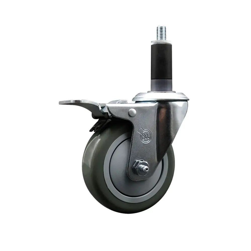 Service Caster SCC-118 Polyurethane Expanding Stem Caster with 4 in. Gray Swivel Wheels, 1.13 in. Stem, and Total Locking Brake