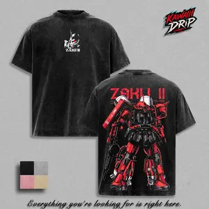 Zaku II Gundam Anime T-Shirt, MS-06S Zaku Mobile Suit Manga Mecha Graphic Tee, Vintage Washed Oversized Anime Streetwear Shirt, Japanese Mecha Robot Anime Fan Art Tee, Heavy Cotton Unisex Casual Wear, Gift For Gundam Fans
