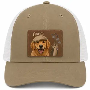 Personalized Golf Dog Trucker Hat – Custom Pet Golf Leather Patch Cap for Dog Dad Gift, Golden Retriever Golf Hat, Father’s Day Gift for Golfer