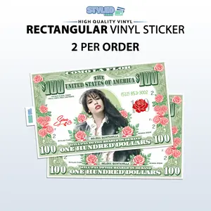 selena 100 bill  rectangle vinyl stickers made with high quality vinyl and uv ink