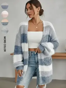 Women's Colorblock Striped Print Long Sleeve Fuzzy Cardigan, Casual Open Front Long Cardigan for Daily Wear, Ladies Clothes for All Seasons, Womenswear, Knitwear