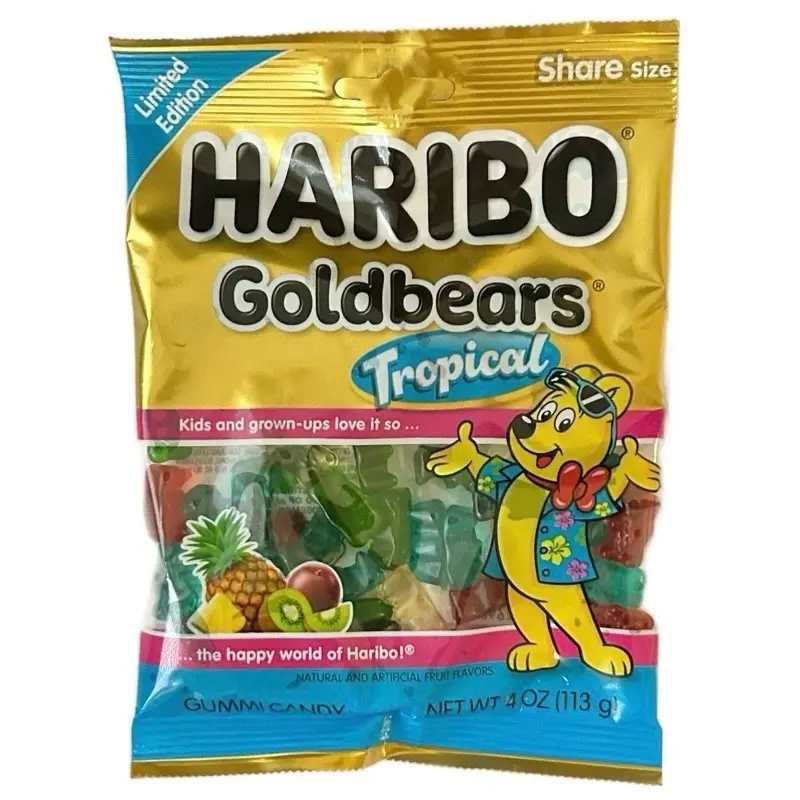 Haribo Goldbears Tropical 4 oz Gummy Candy - Pineapple, Kiwi, Passion Fruit and Paradise Punch Flavors Snack sour outdoorfun