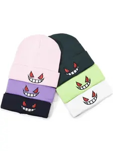 Small Devil Smile Embroidered Knit Beanie, Spring Fall Oversized Wool Hat, Classic Fashion Simple Retro Cold Cap, Party Accessory Gift