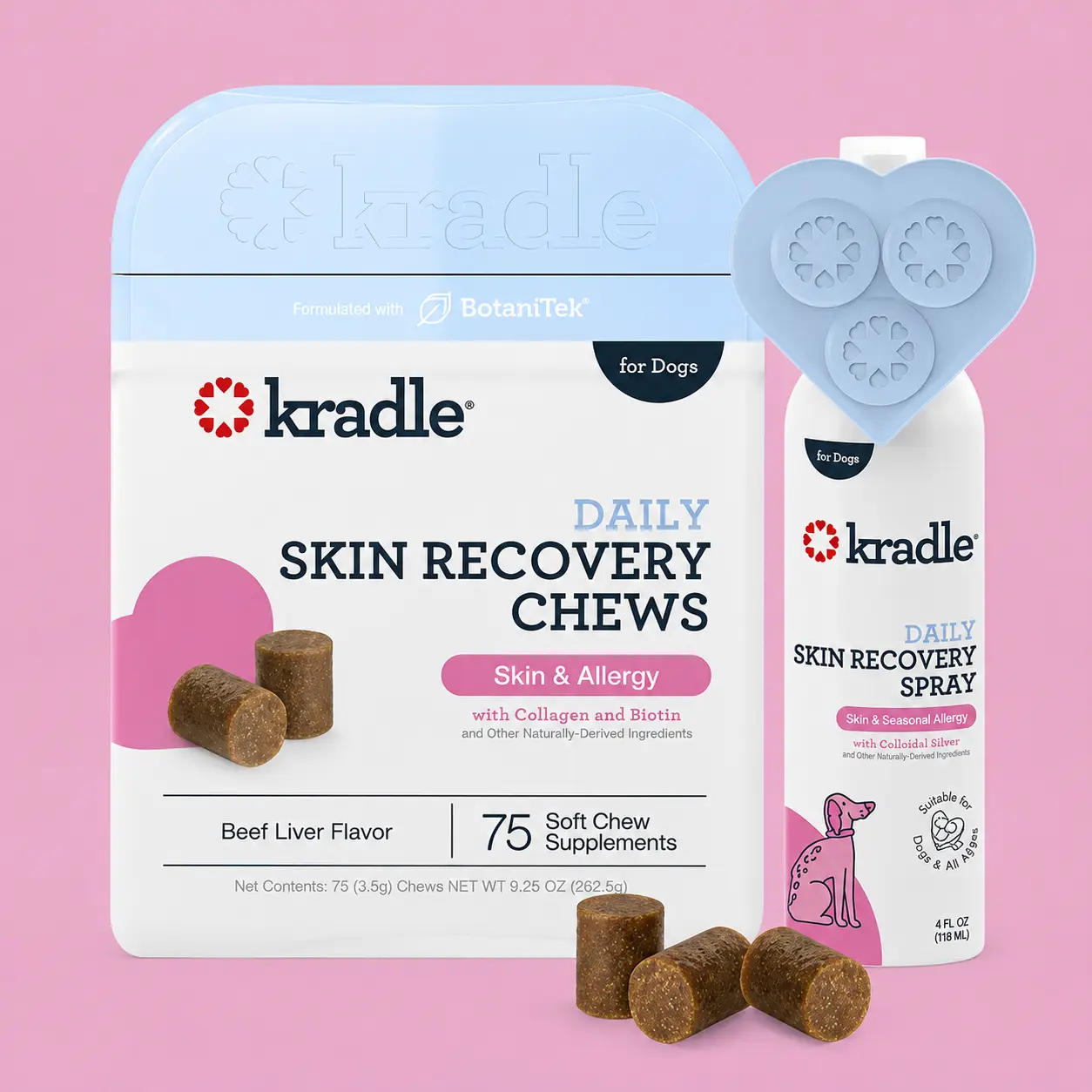 Kradle Skin & Seasonal Allergy Duo for Dogs | Skin Recovery Chews (75 ct) with Skin Recovery Spray (4 oz)