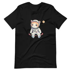 Men's space exploration with a cat astronaut Graphic T-Shirt - Short Sleeve Crew Neck Regular Fit Casual Wear | Soft & Breathable Fabric, Durable Print, Everyday Comfort, Machine Washable, cute cartoon a kitten in an astronaut suit floating in space with