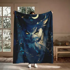Owl Moon Starry Night Flannel Throw Blanket, Mystical Crescent Gold Eyes Dark Blue Pattern Soft Warm Cozy Nap Blanket for Couch Bed Sofa Wall Hanging, Boho Gift for Owl Lover Her Him, Birthday Christmas Holiday Housewarming Gift, Moon Graphic Throws, Them