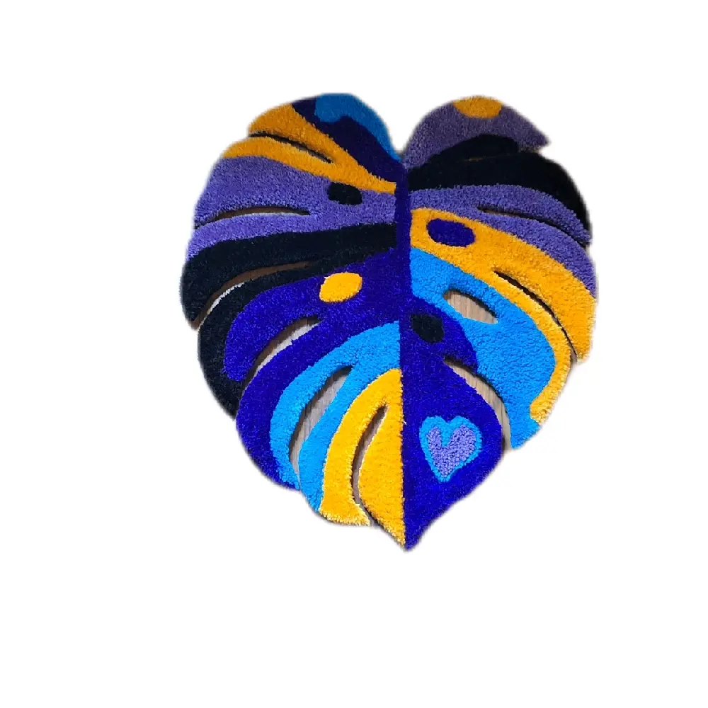 Multi Color Monstera Leaf Rug Unique Design in Purple Yellow and Blue hues Versatile Appeal for Nature Lovers