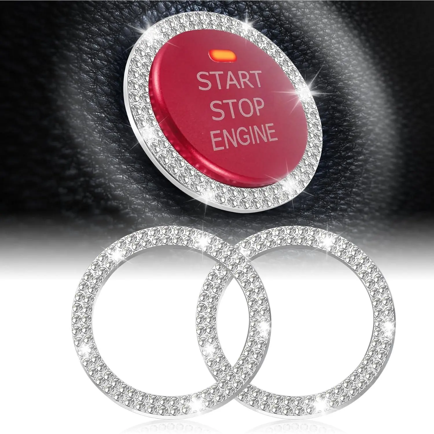 Car Interior Decoration Ring - 1.2in Crystal Double Rhinestone Glamorous Radiant Accessory, Adhesive Tape Mounted, Zinc Alloy, for Key Ignition, Round Buttons, Diameter 1.52in A/C Knobs & Push-to-Start Covers, Diameter 1.52"