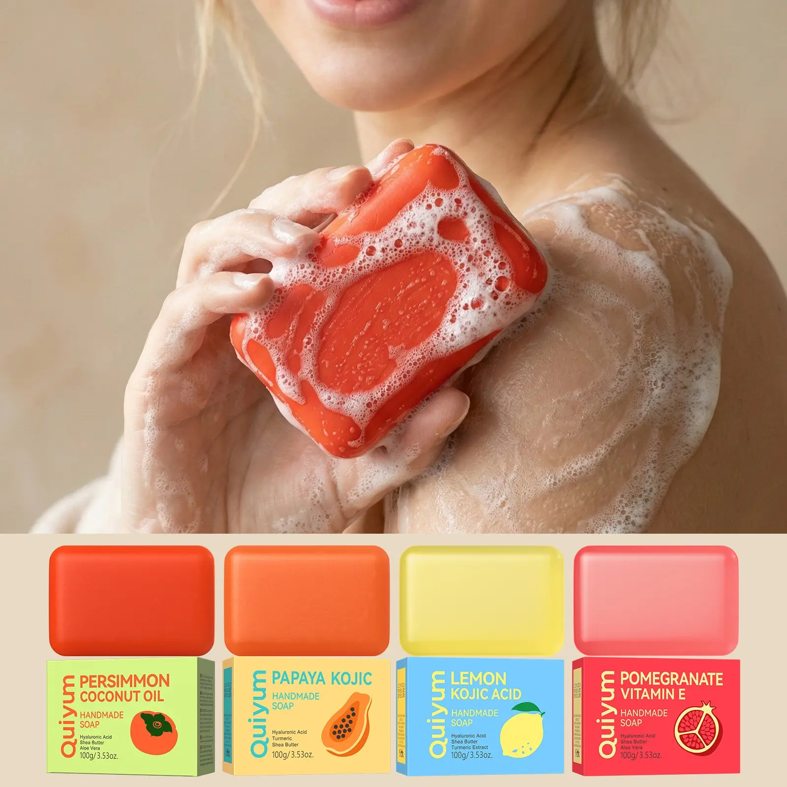 Natural Handmade Soap Variety Pack, Body Soap Set, Body Hygiene Products by QUIYUM – Papaya, Pomegranate, Lemon & Persimmon Coconut Oil Soap for Cleansing, Hydrating & Glowing Skin