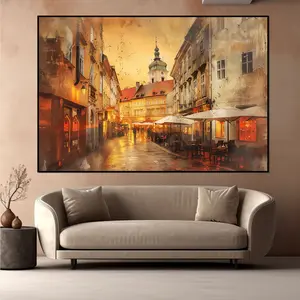 European Street Scene Canvas Print Vintage Cityscape Wall Art with Café Terrace & Historic Buildings Old Town Decor for Chill Room Accessories Front Porch Living Room Accent Dining Room Coffee Shop Cozy Ambiance Housewarming Gifts