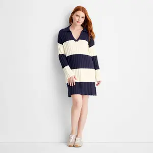 Women's Long Sleeve Rugby Mini Sweater Dress - Future Collective Navy Blue Striped S